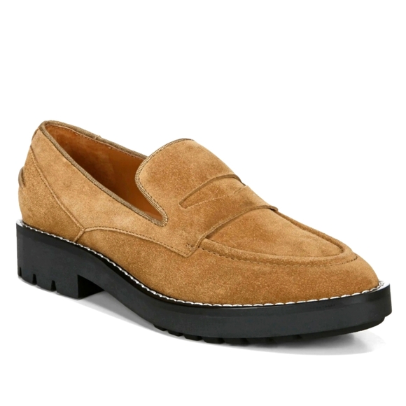 Franco Sarto Anthropologie Tavoli Lug Sole Penny Loafers in Toasted Barley Suede - Picture 1 of 13